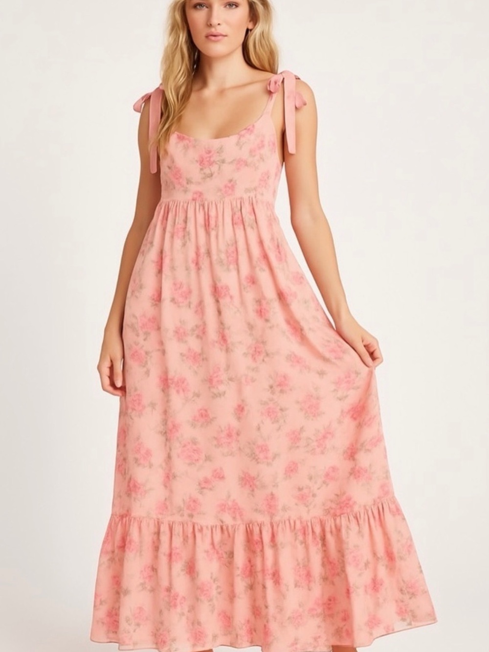 AUREUM Pink Floral Ruffled Maxi Dress with Velvet Ribbon Ties